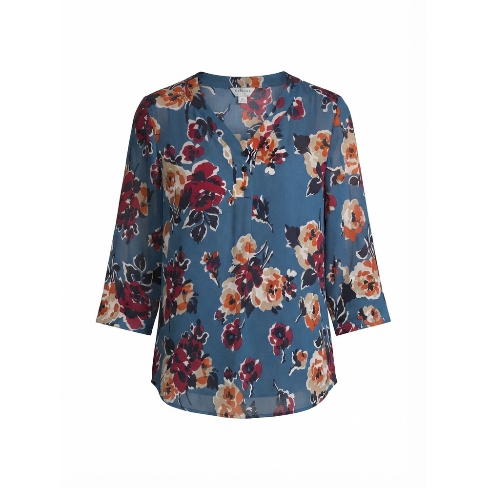 Van Heusen Womens Floral V-Neck Blouse Blue Red 3/4 Sleeve Top Size L NEW